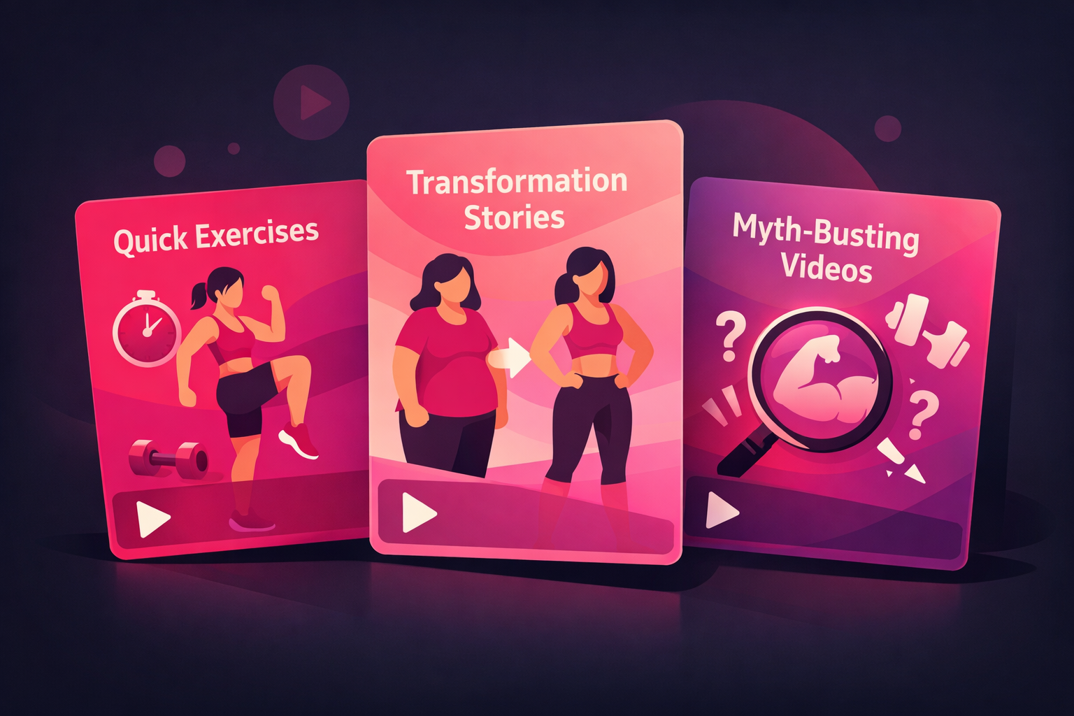 Different fitness content types illustrated as colorful video cards