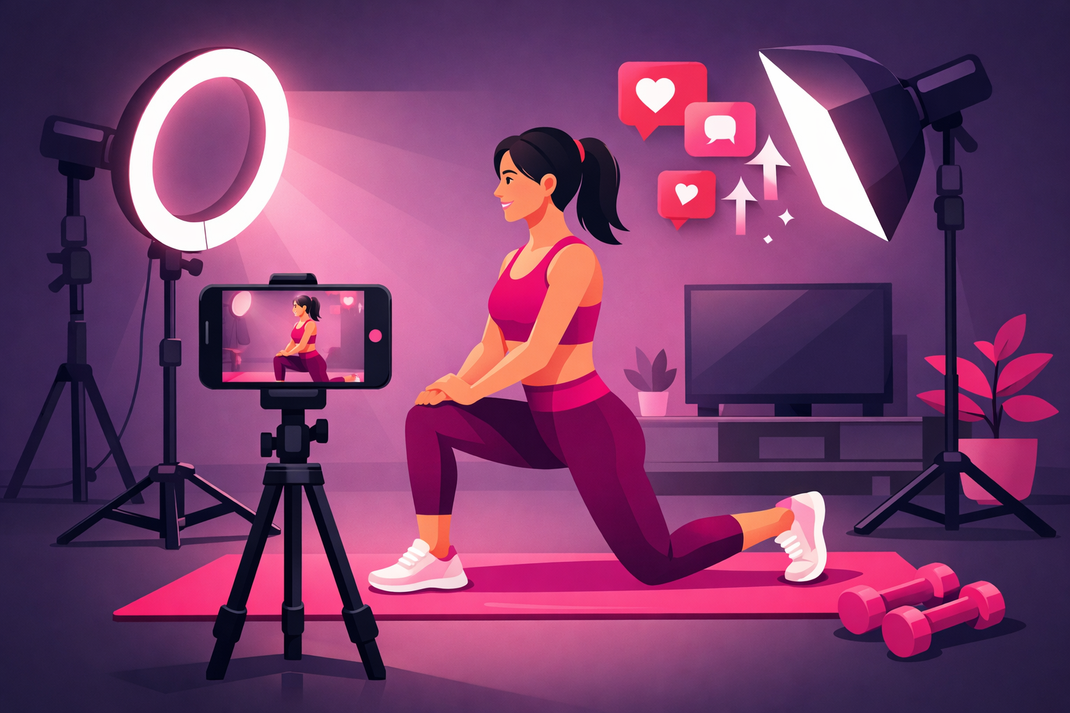 Fitness creator filming workout with proper lighting and camera setup