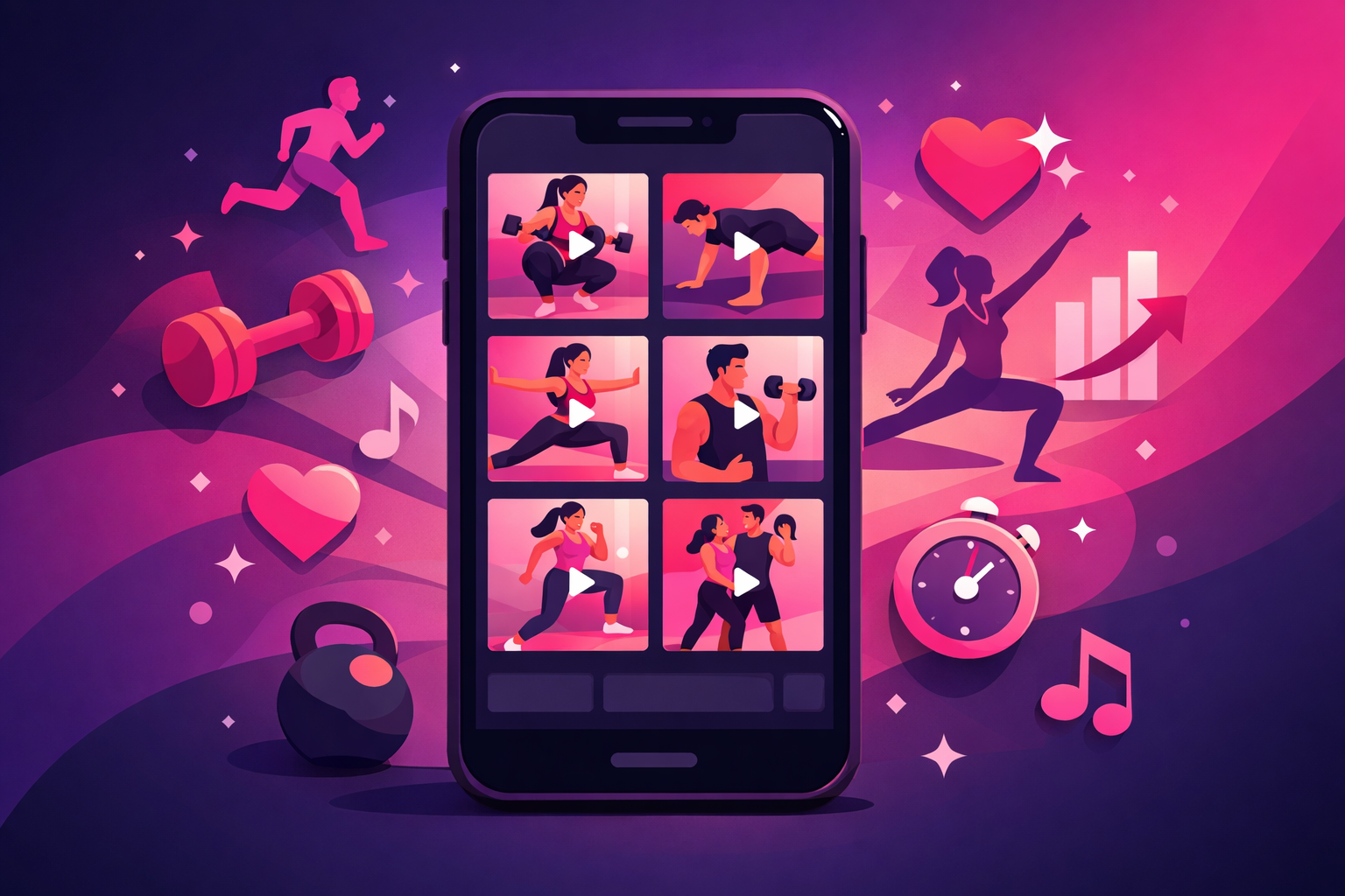 Colorful fitness content ideas displayed on smartphone screens with workout icons