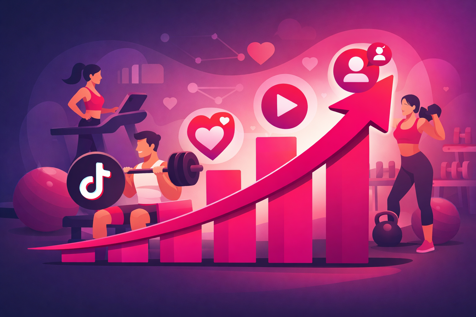 Gym membership growth chart with social media engagement metrics and members exercising