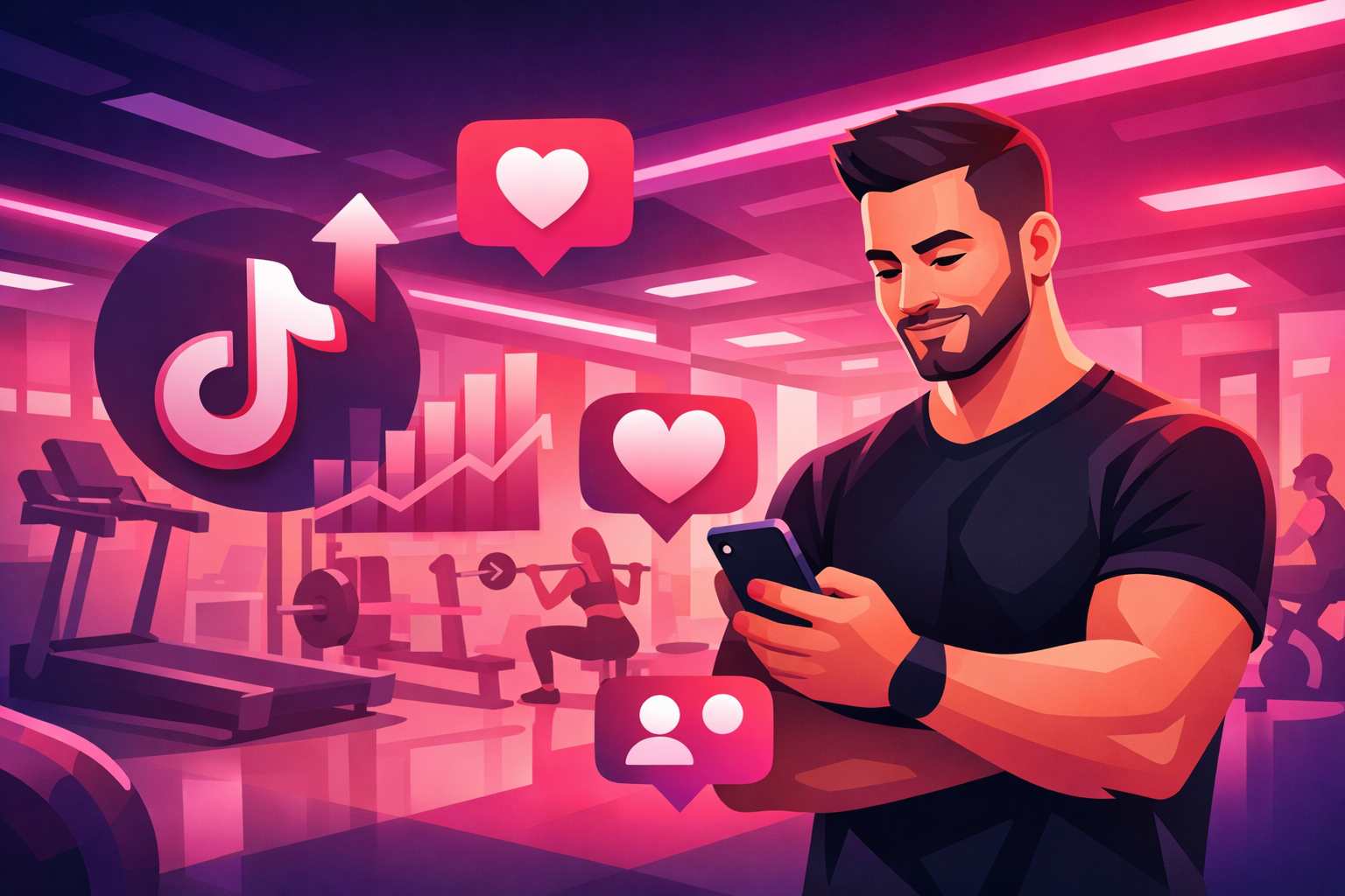 Gym owner using smartphone in modern fitness facility with TikTok marketing elements