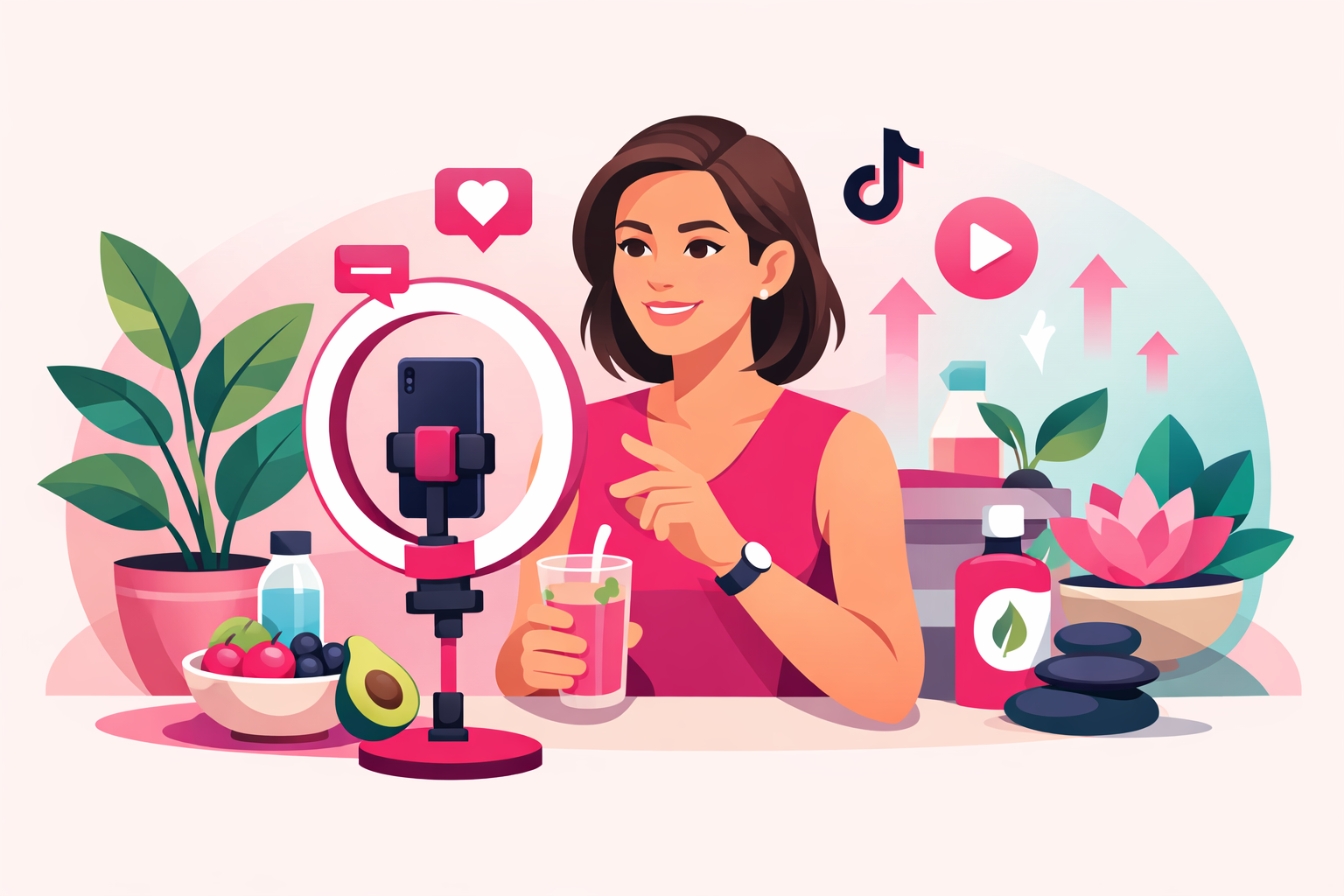 Health coach creating authentic content for TikTok with wellness-focused setup
