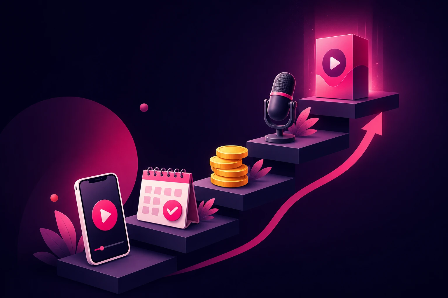 An illustration of an income staircase: a smartphone with a play button on the lowest step, ascending past a booked calendar, a stack of gold coins, and a microphone, to a glowing digital product box at the top