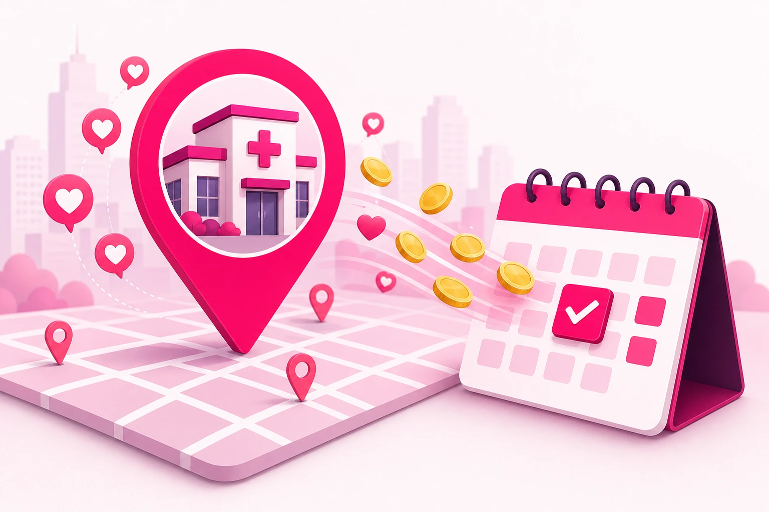 An illustration of a city map with a large location pin containing a clinic building, with hearts and gold coins flowing toward an appointment calendar with a checkmark, representing local followers becoming booked patients