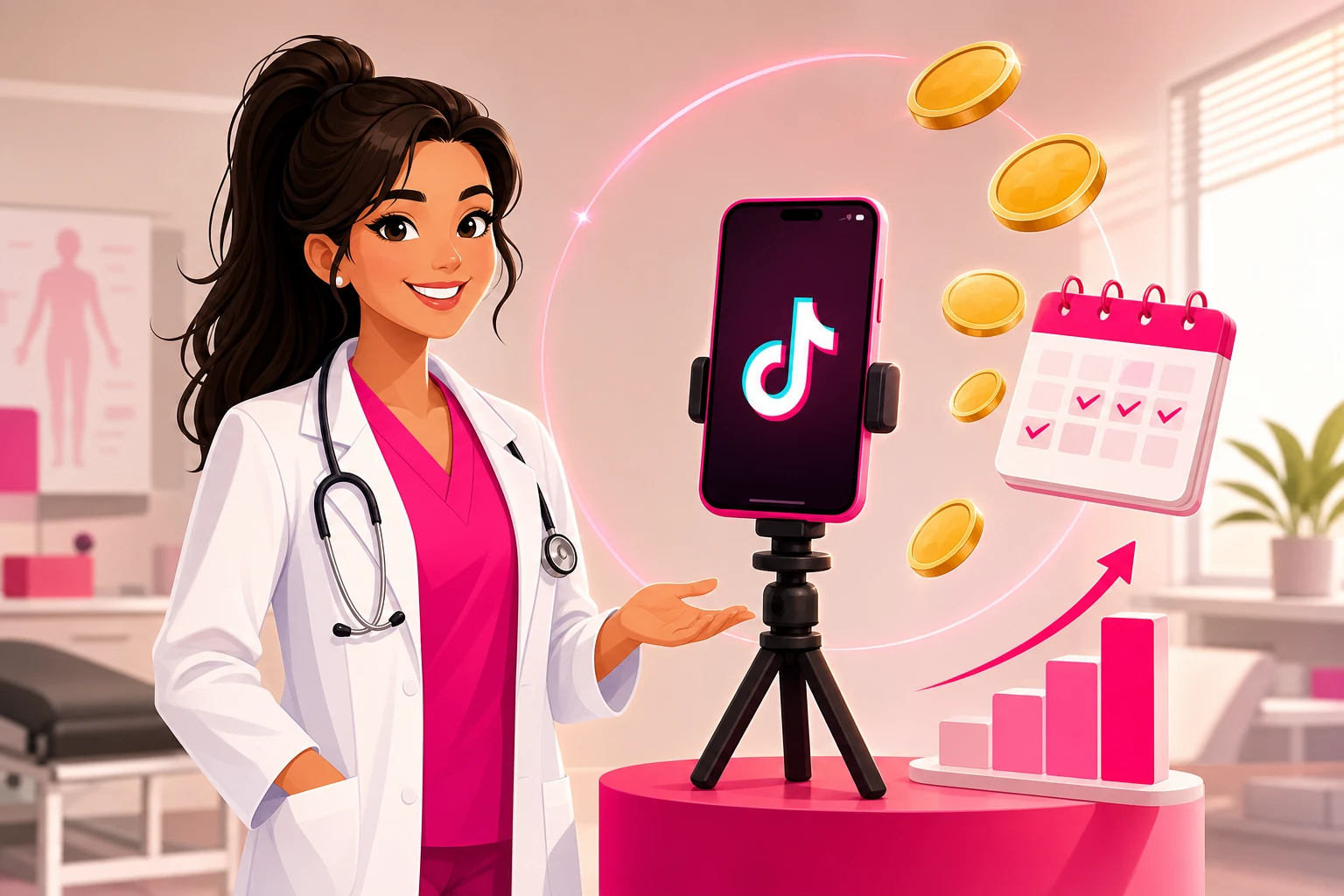 An illustration of a smiling healthcare provider in a white coat with a stethoscope presenting a smartphone on a tripod, surrounded by gold coins, a calendar with booked appointments, and a rising bar chart in a bright clinic