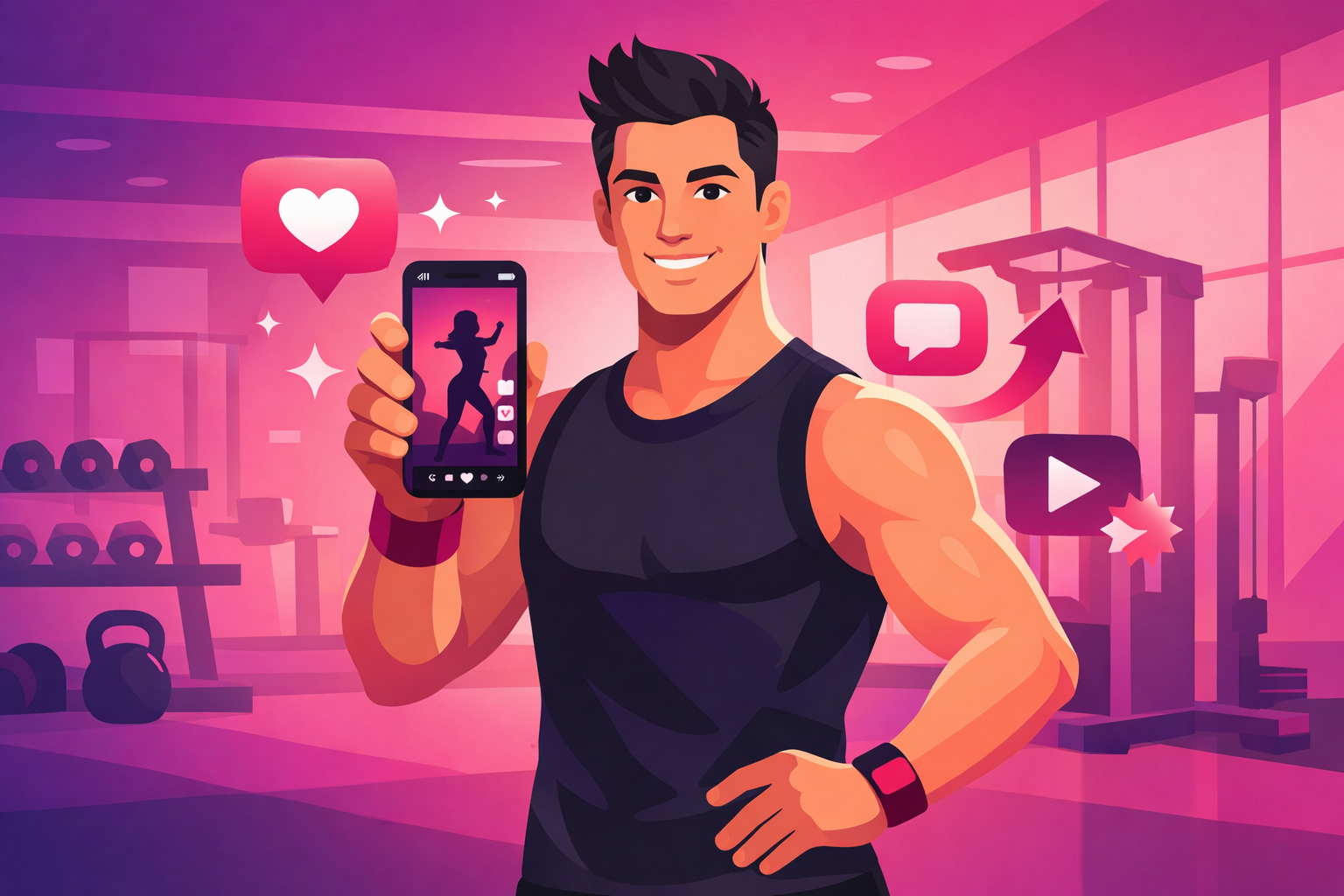 Personal trainer in gym with smartphone showing TikTok marketing content