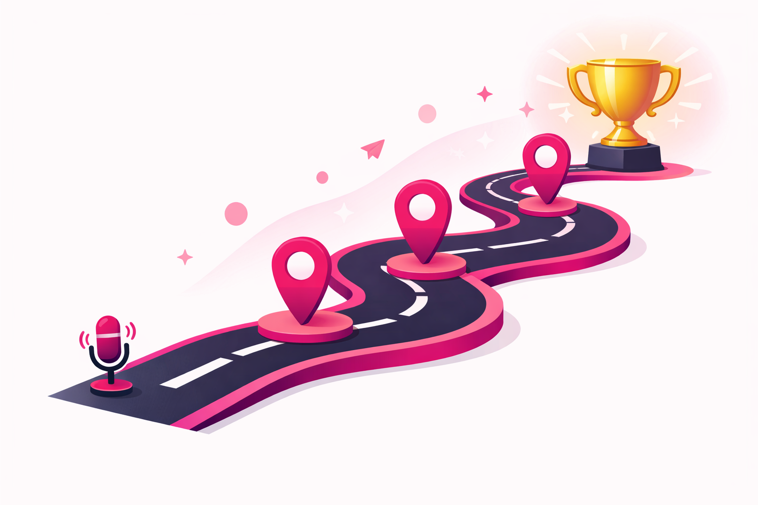 A winding roadmap with three milestone location pins between a small podcast microphone at the start and a glowing gold trophy at the end, illustrating the three 30-day phases from zero to 100K followers, in pink and magenta on a light background
