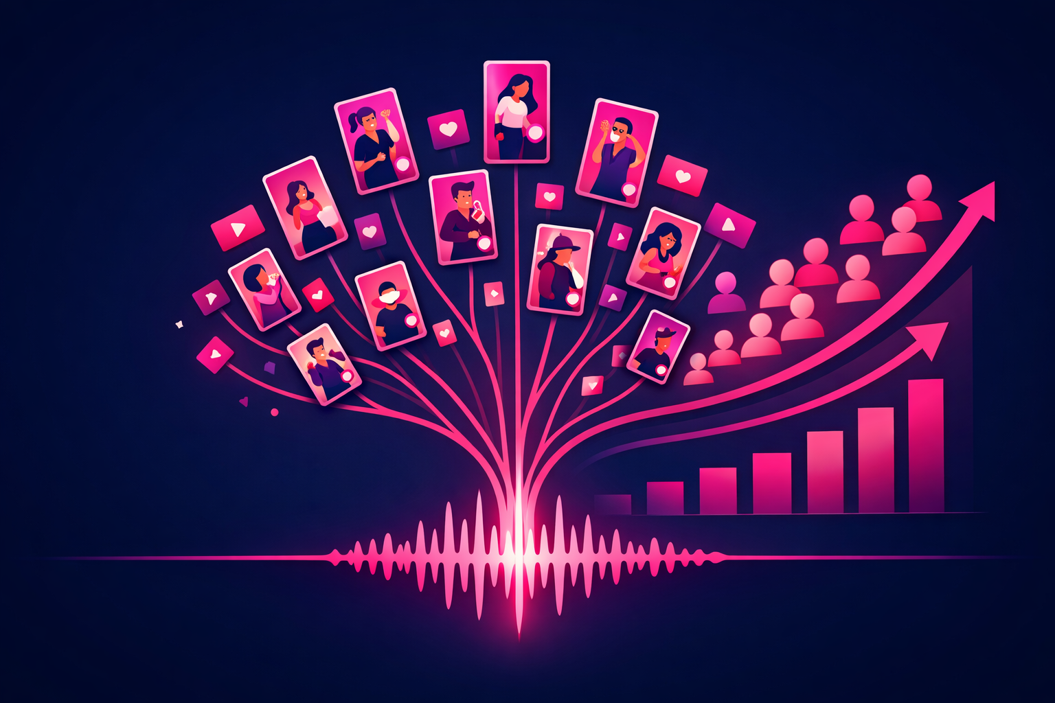 A glowing podcast waveform splitting into many small vertical video clip cards that fan upward like a tree, feeding a rising analytics chart with follower icons and an upward arrow, in pink and magenta on deep navy