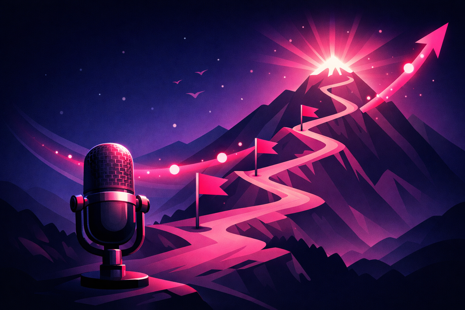 A podcast microphone at the base of a winding milestone path with flags climbing a mountain toward a glowing summit, with a rising follower growth arrow sweeping through the night sky, in magenta and pink on deep navy