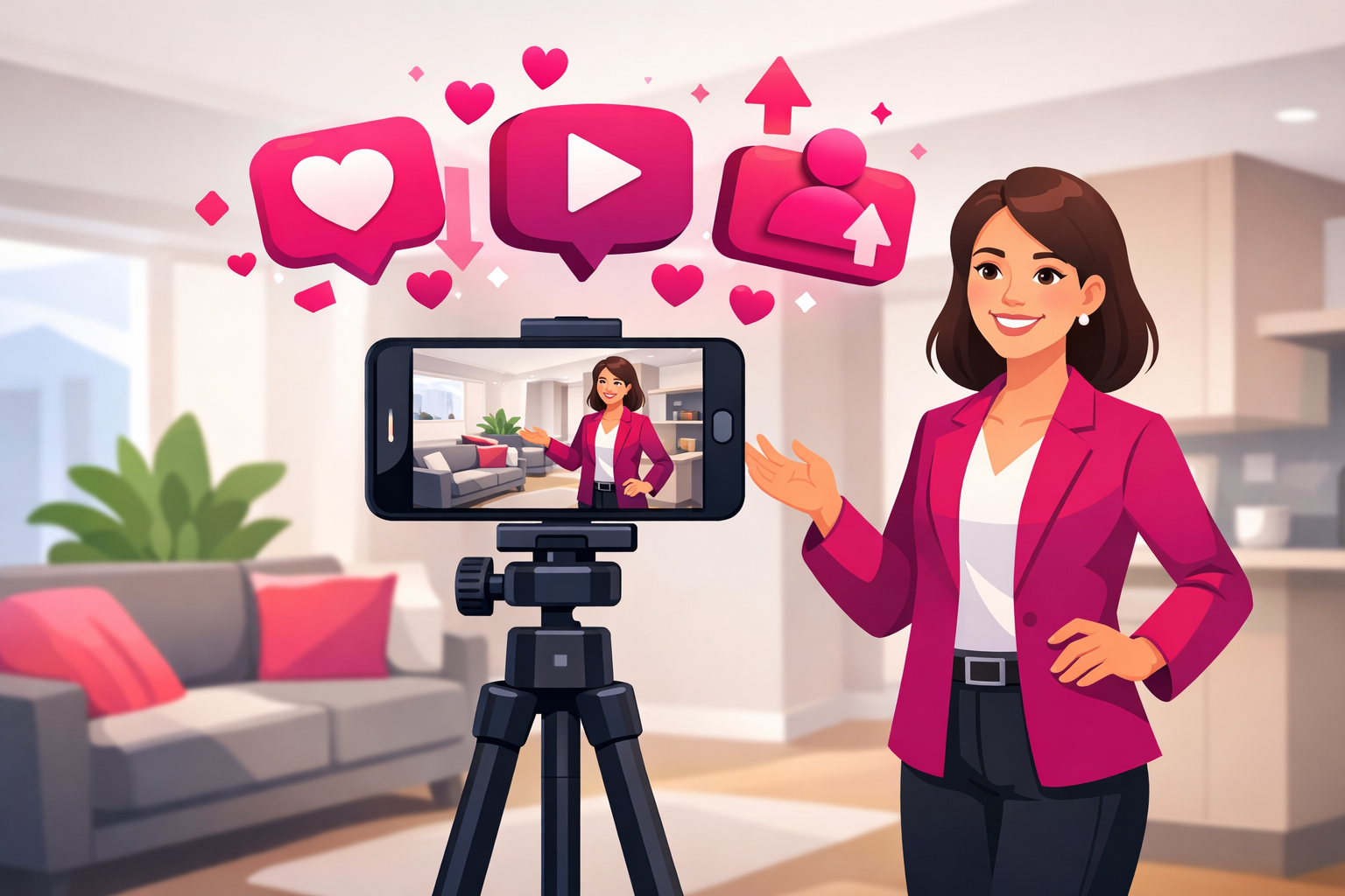 Real estate agent filming property tour with professional setup