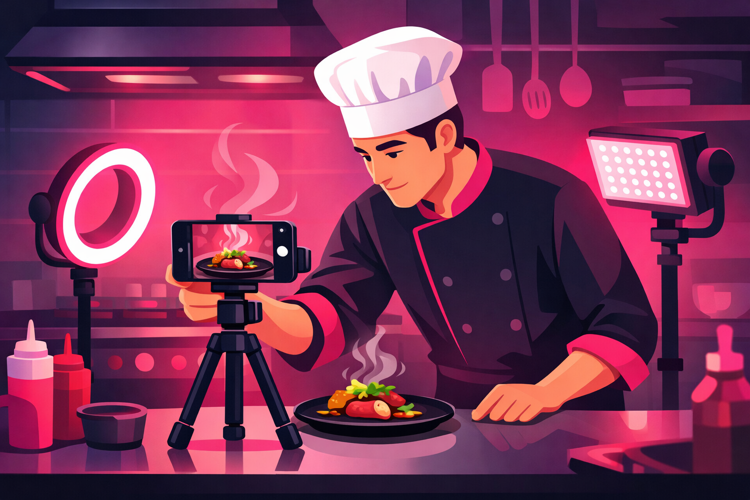 Chef filming a beautifully plated dish with smartphone for TikTok content creation