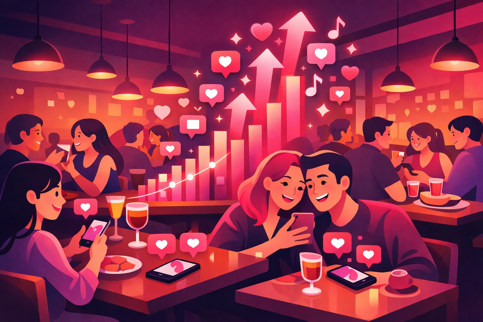 Packed restaurant dining room with happy customers and vibrant atmosphere