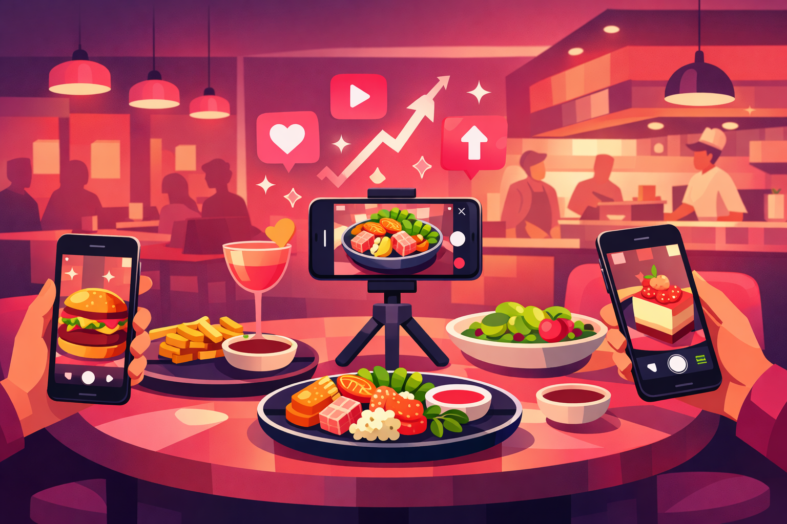 Modern restaurant interior with vibrant food dishes and smartphones capturing content for TikTok