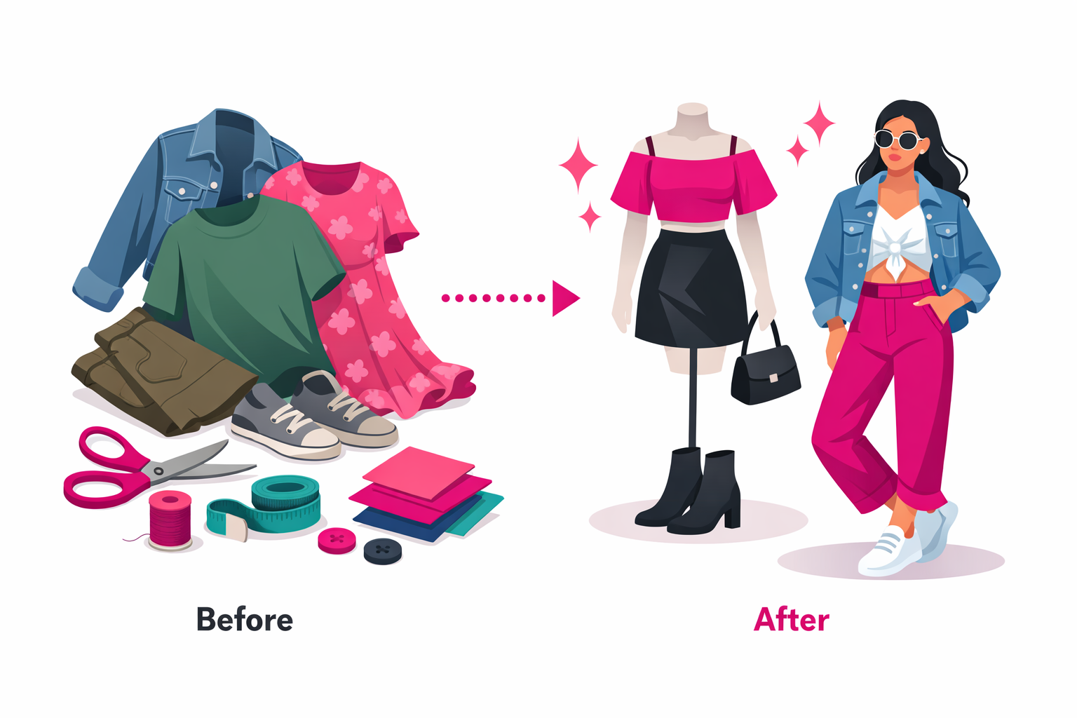 Before and after thrift flip transformation showing secondhand clothing styled into trendy outfits