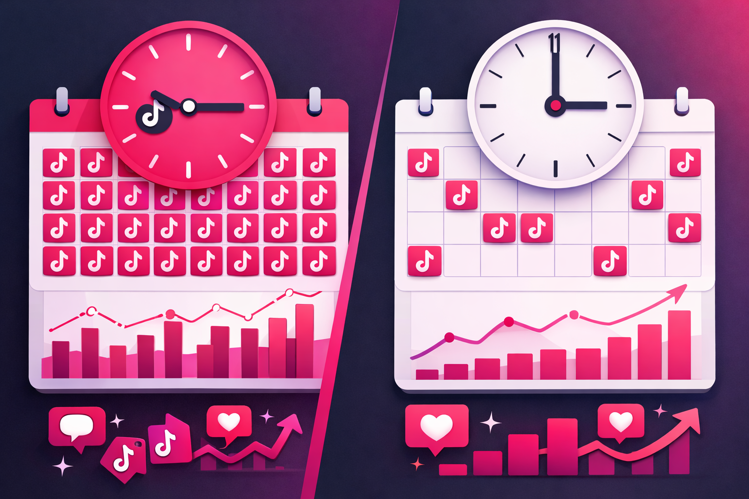 Calendar comparison showing excessive posting versus strategic timing for TikTok