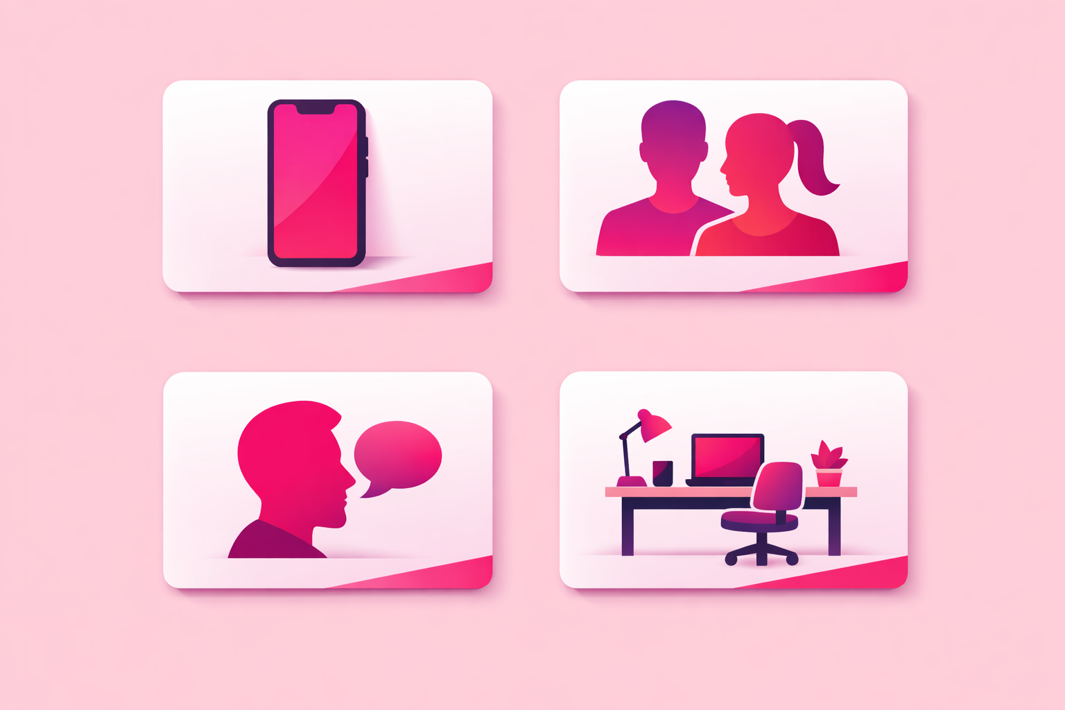 A clean flat infographic illustration showing four distinct comedy format styles as labeled cards - POV, character duo, story-time, and workplace - on a soft pink background, modern editorial style