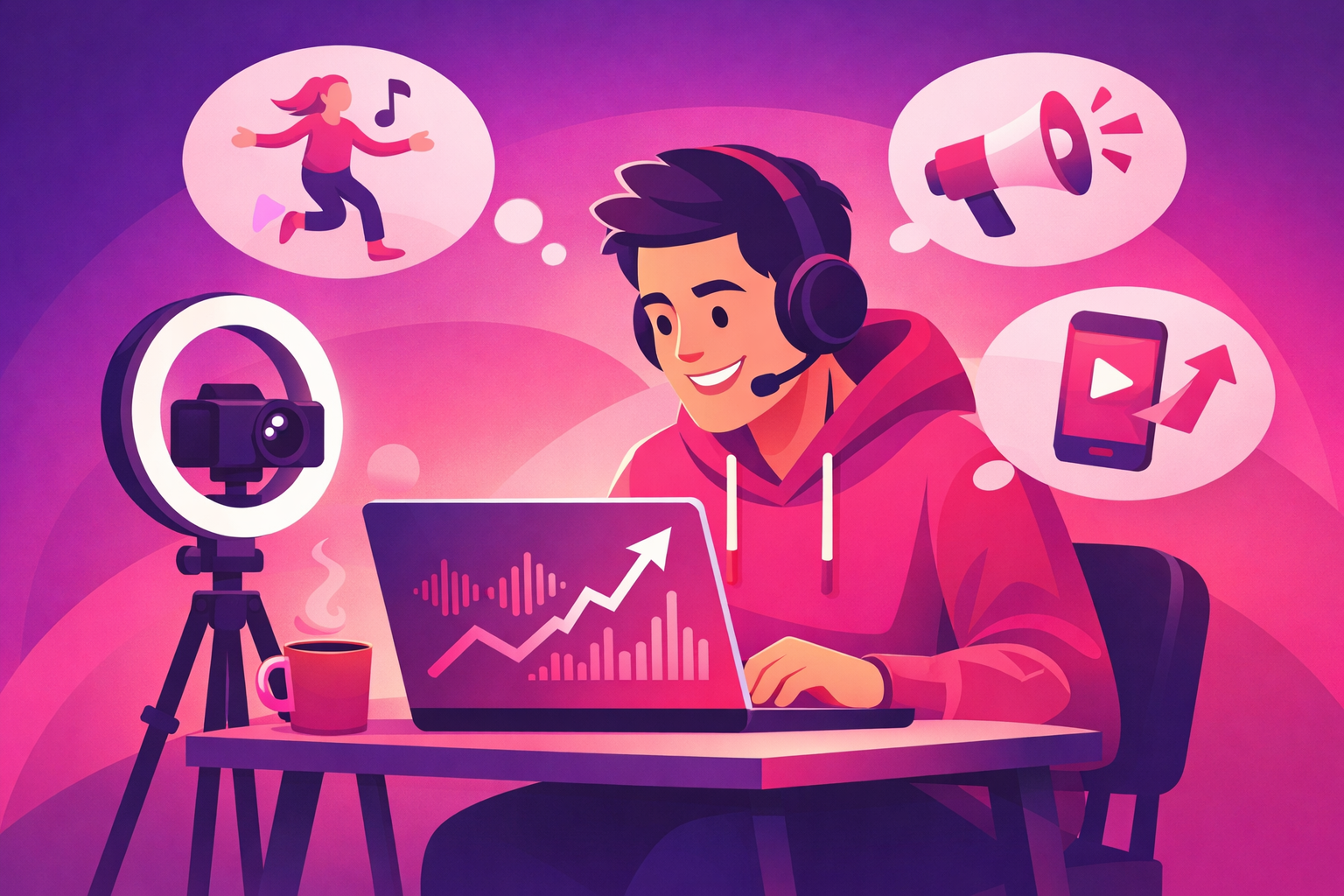 A friendly editorial illustration of a comedy creator at a small home setup with a ring light and tripod, reviewing rising trend signals on a laptop showing line charts and sound-wave shapes, in warm pink and purple tones with modern flat design