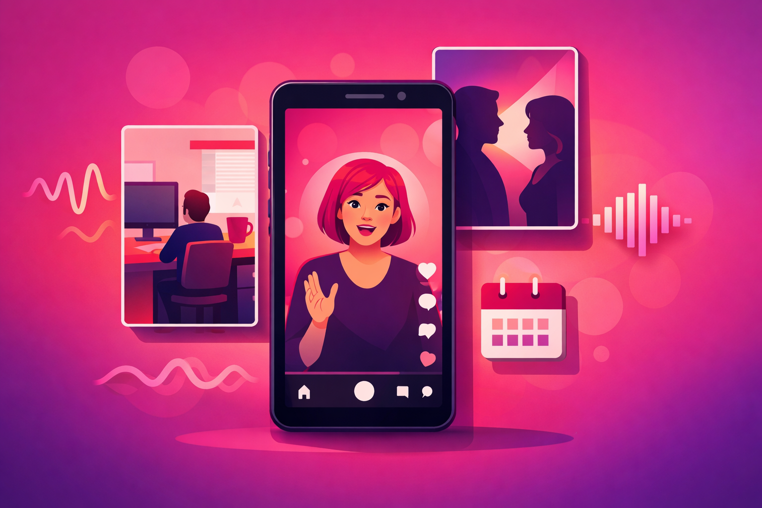 A modern flat editorial illustration of trending comedy formats on TikTok in 2026, with a smartphone surrounded by stylized vertical video tiles showing POV scenes, character duos, and a story-time talking head, plus sound wave shapes on a warm pink and purple gradient background