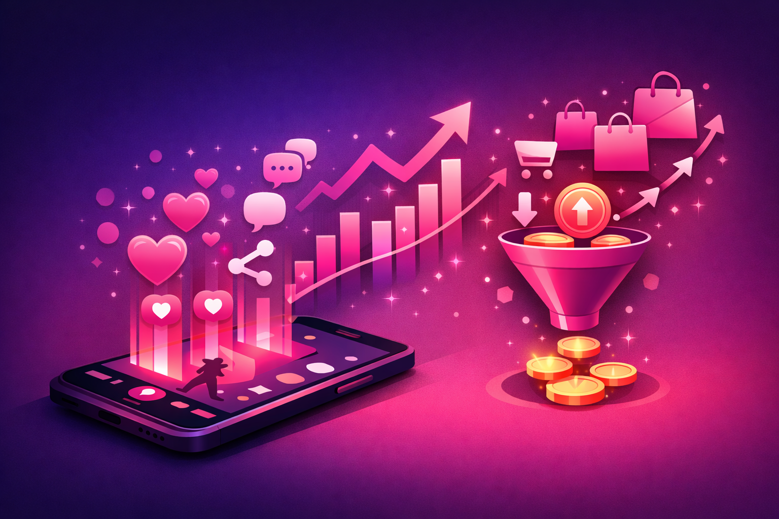TikTok engagement metrics flowing from phone into conversion funnel showing sales