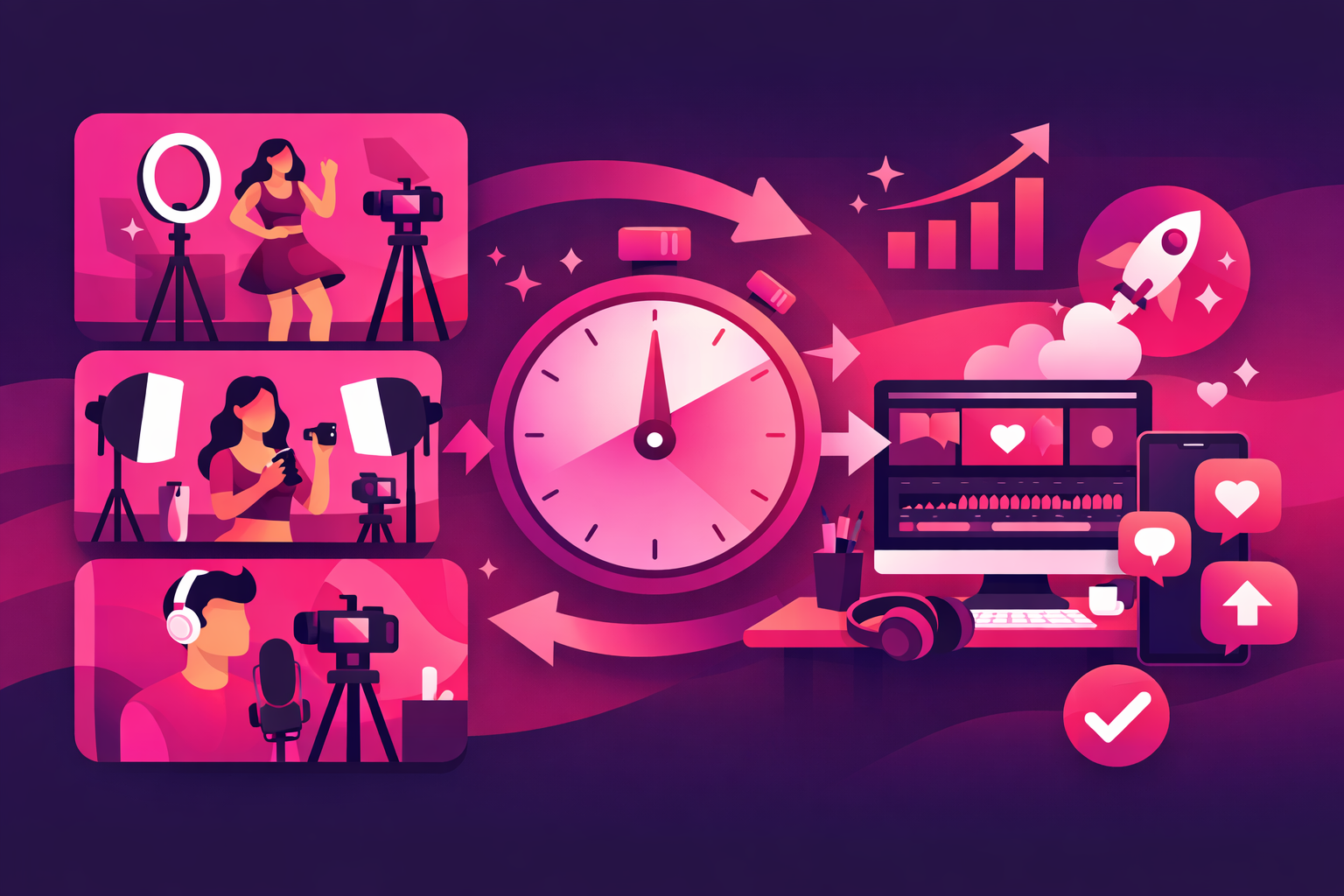 Content batching workflow showing filming, editing, and scheduling process
