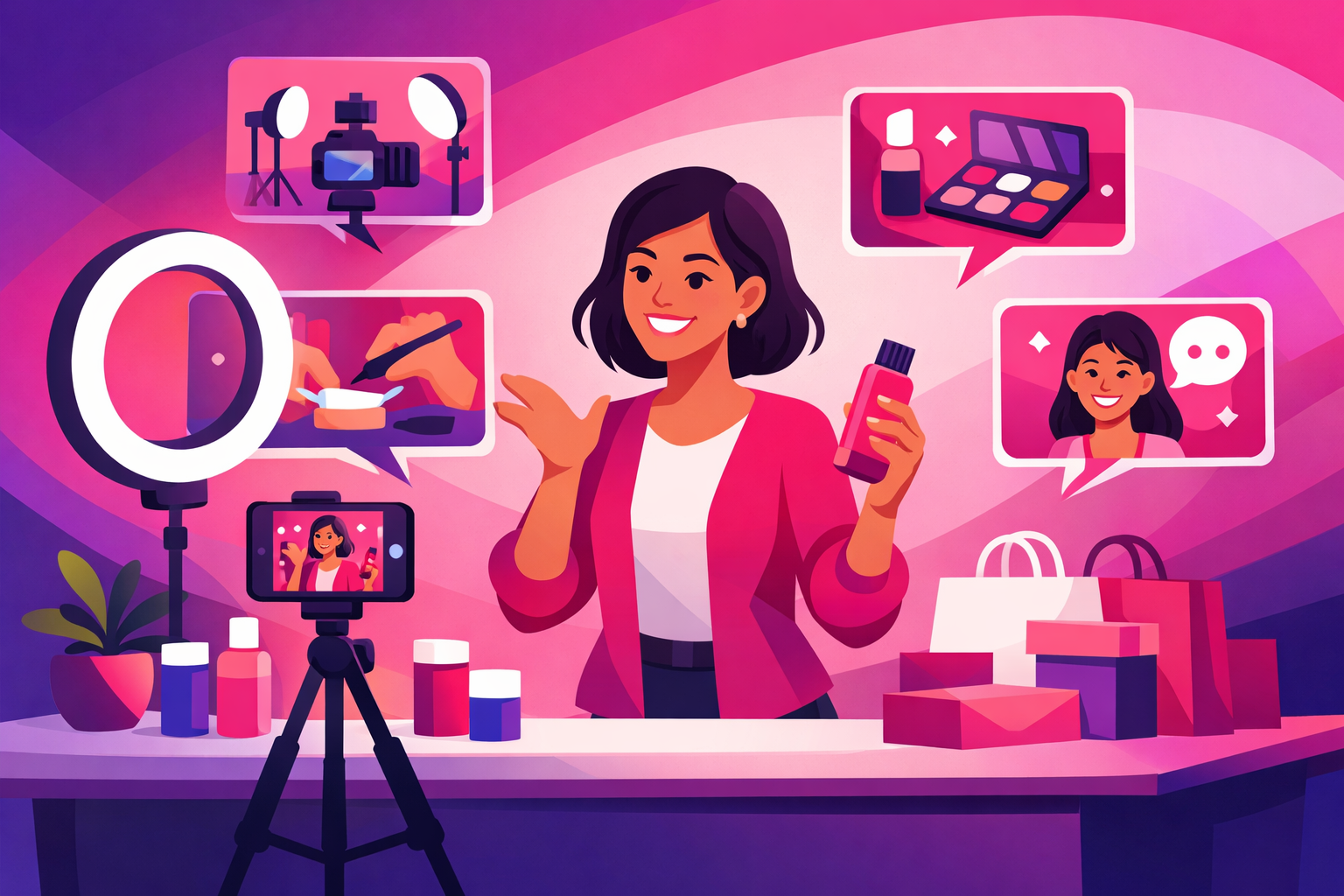 Small business owner creating TikTok content with ring light and smartphone in a colorful workspace