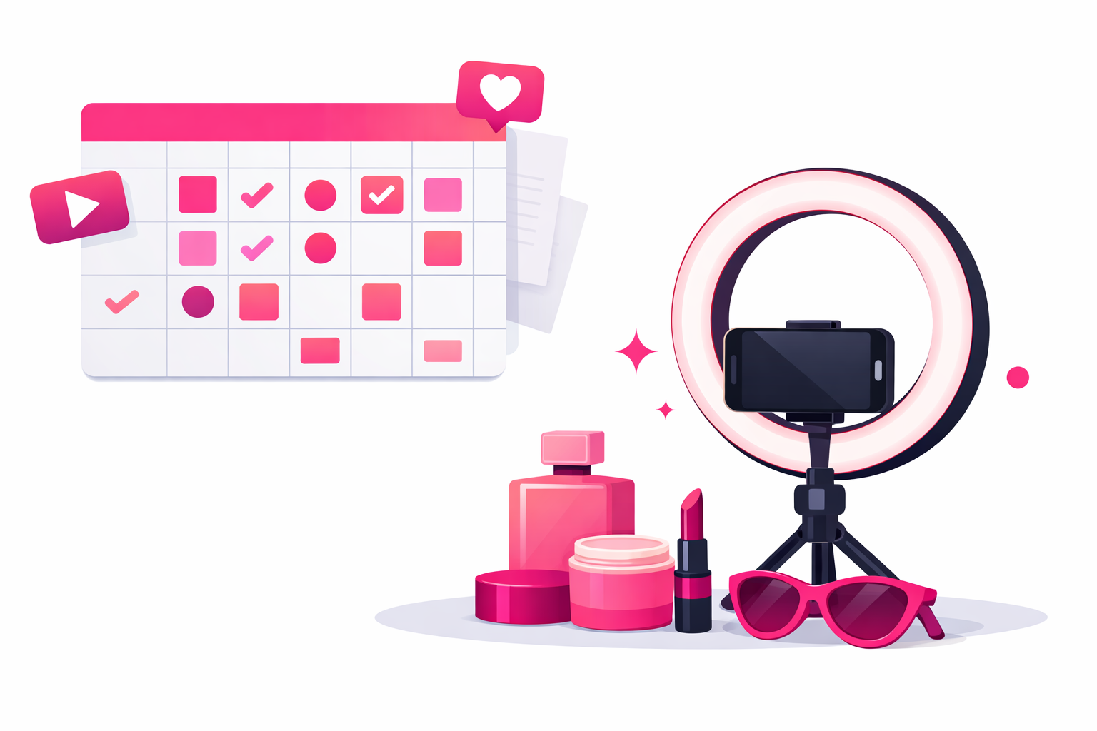 Content creation setup with ring light, smartphone on tripod, and products arranged for TikTok filming