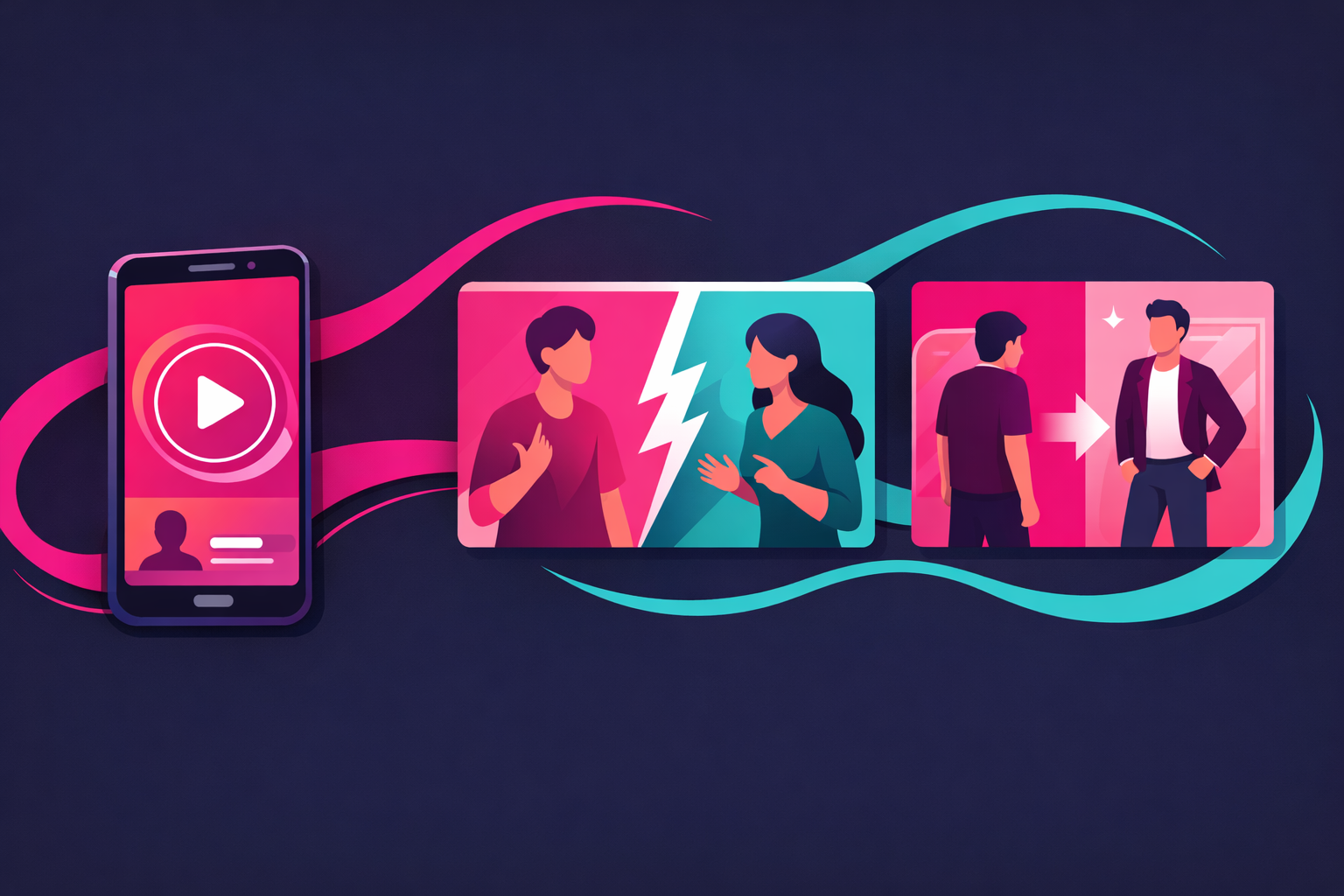 Different education content formats side by side showing a 60-second lesson on a phone, a split-screen debate format, and a before-after transformation