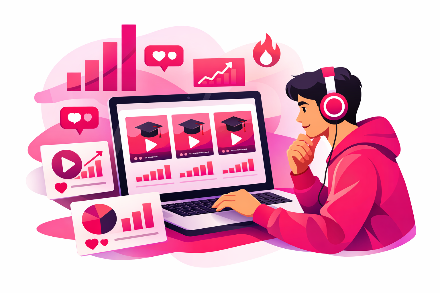 A creator analyzing a TikTok analytics dashboard showing trending education topics with bar charts and engagement metrics floating around a laptop screen