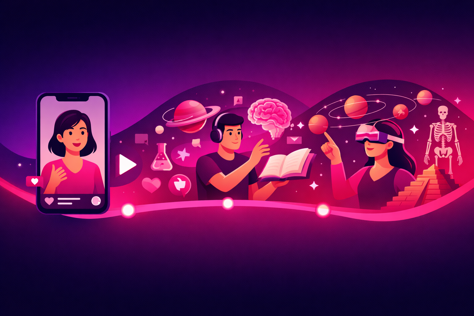 The evolution of education content on TikTok from simple talking head videos to immersive AR overlays and interactive elements shown as a timeline progression