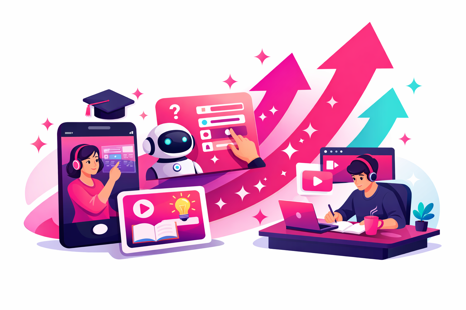 Trending education content formats on TikTok in 2026 including microlearning clips, AI-powered tutoring, interactive quizzes, and study-with-me streams with upward trending arrows