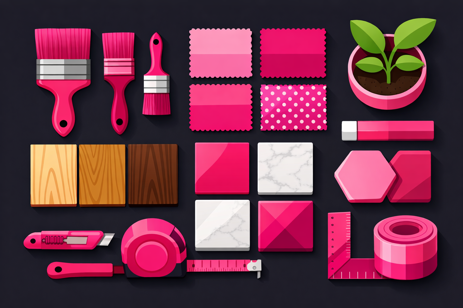 A flat-lay arrangement of DIY project materials including paintbrushes, fabric swatches, wood samples, tile pieces, and measuring tools organized in a grid