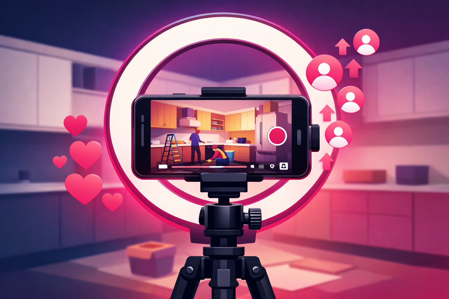 A phone mounted on a tripod with ring light filming a kitchen renovation in progress, with the phone screen showing the recording interface