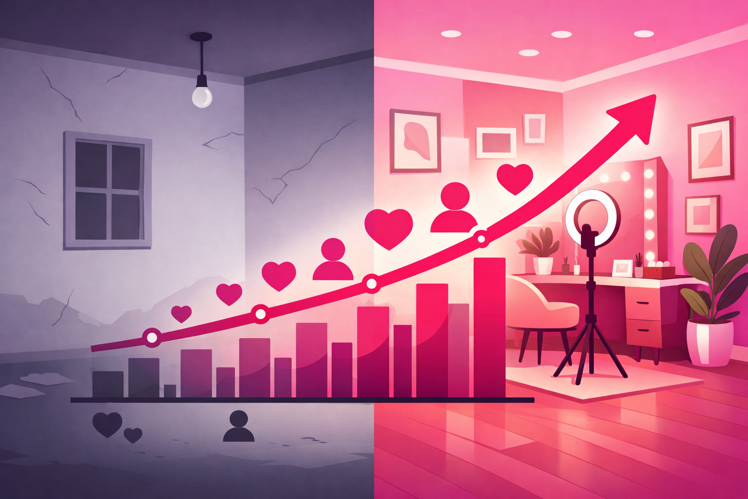 A before-and-after split-screen showing a plain room transforming into a renovated space with an upward growth chart overlay