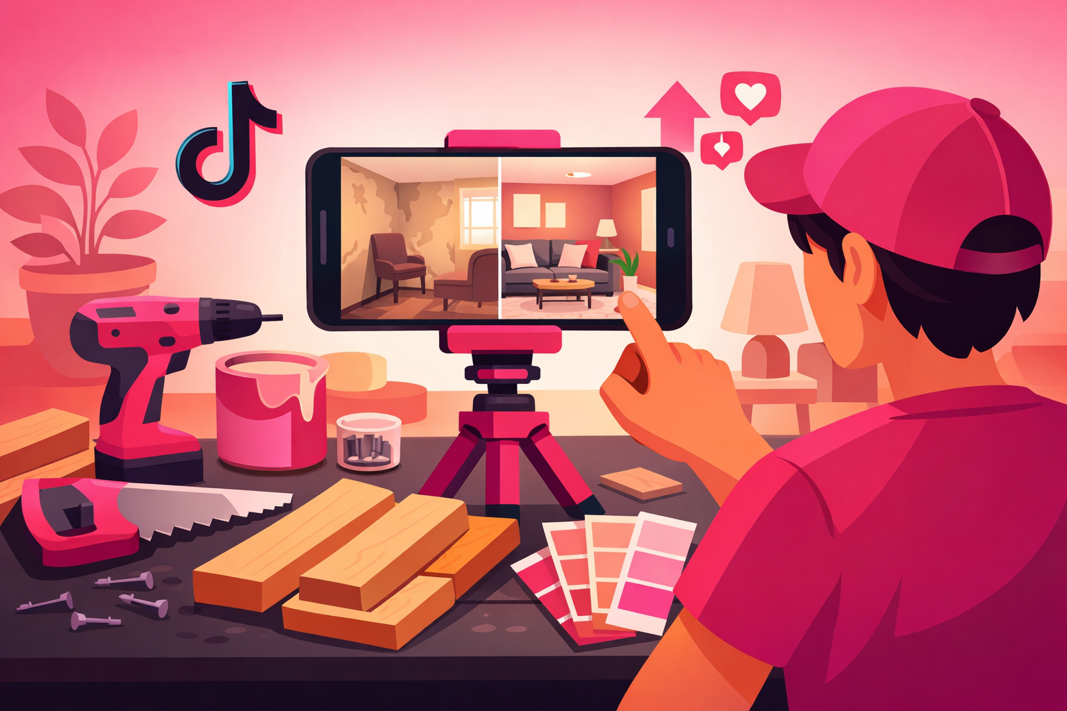 A DIY creator filming a home renovation before-and-after transformation on their phone, surrounded by power tools, paint swatches, and wood on a workbench