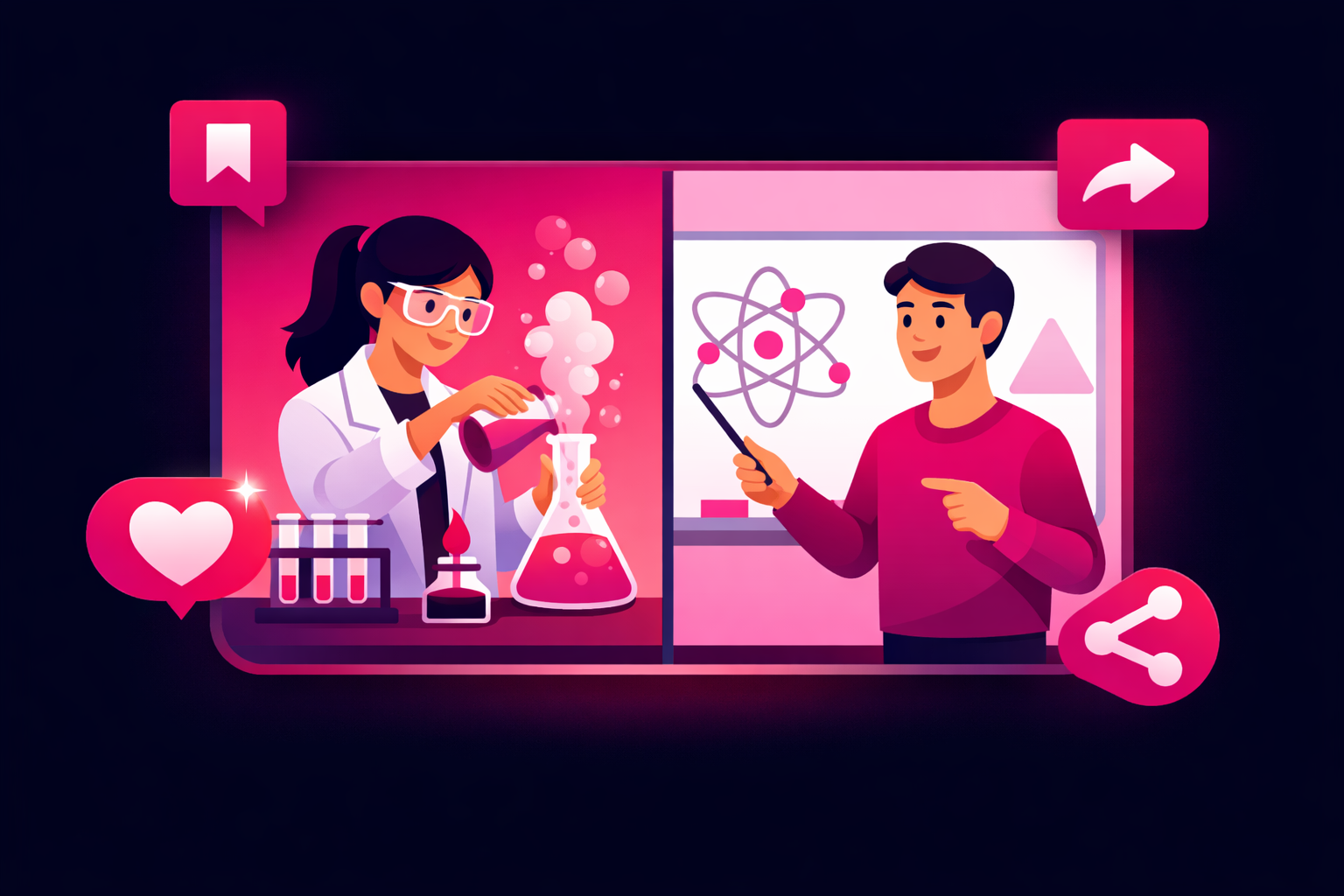Split screen showing two types of education content on TikTok: a science experiment on one side and a whiteboard lesson on the other, surrounded by save and share icons