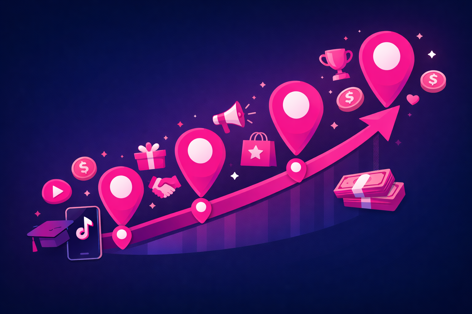 An upward growth chart with milestone markers showing follower milestones, surrounded by course icons, brand deal symbols, and money signs in magenta and blue tones