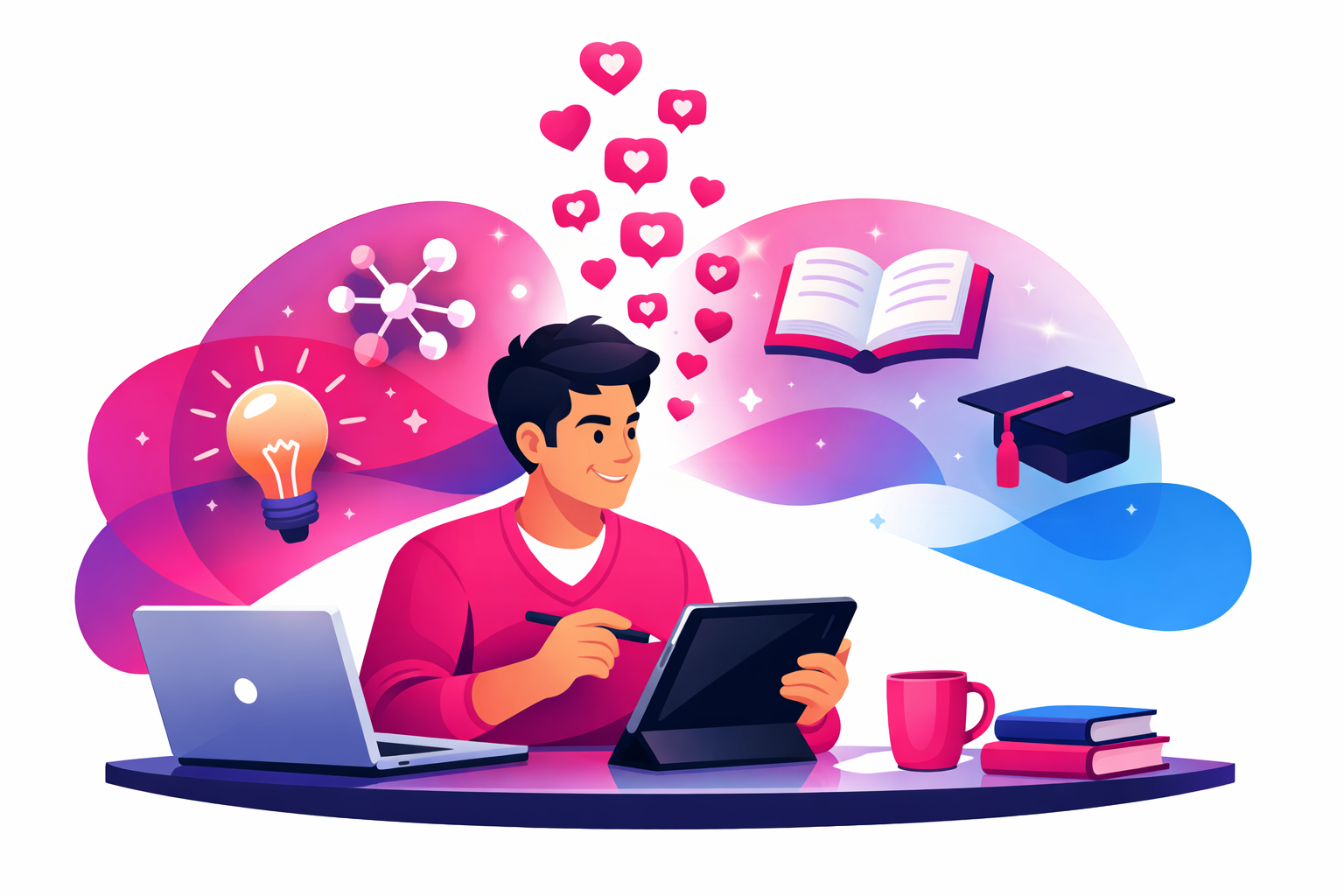 An education creator at a desk with laptop and tablet, surrounded by floating icons of lightbulbs, books, graduation caps, and TikTok engagement hearts