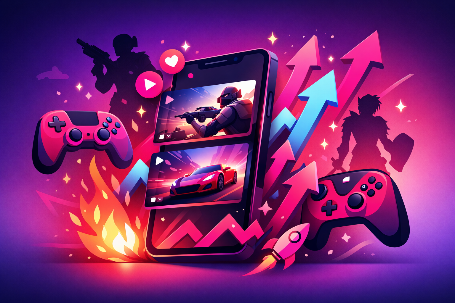 A phone displaying viral gaming clips surrounded by game controllers, trending arrows, and fire effects representing the biggest TikTok gaming trends of 2026