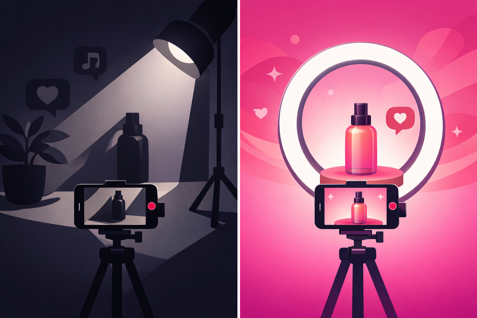 Split-screen comparison showing poor product video lighting on left versus professional ring light setup on right