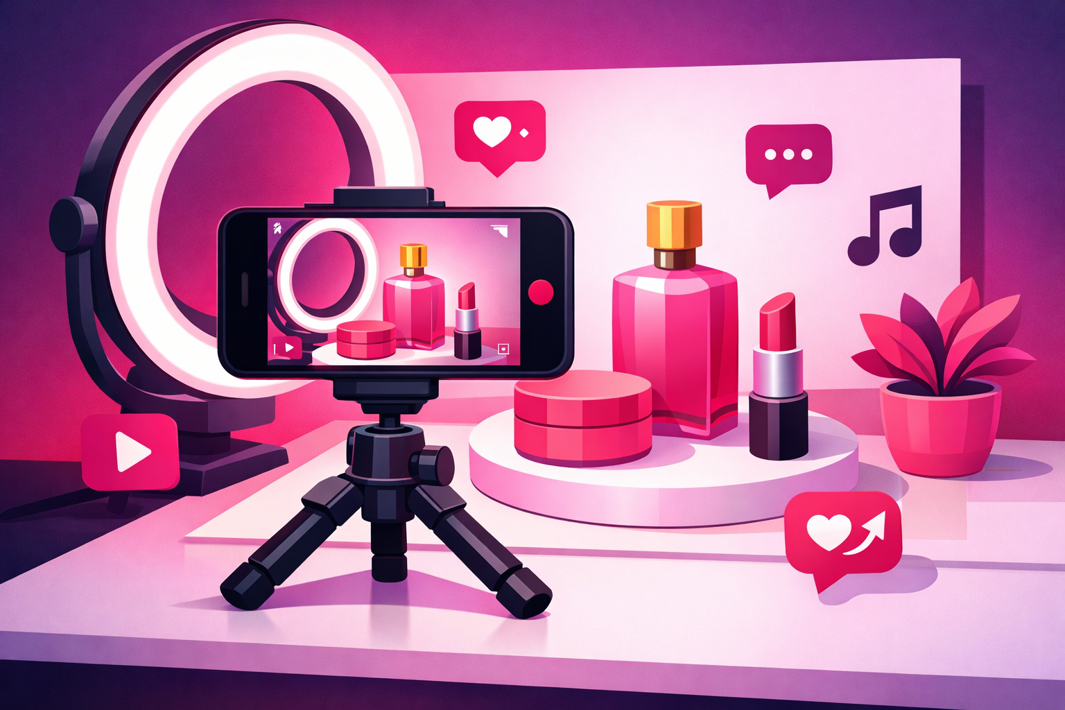 Professional product filming setup with smartphone on tripod, ring light, and beauty products arranged for TikTok video