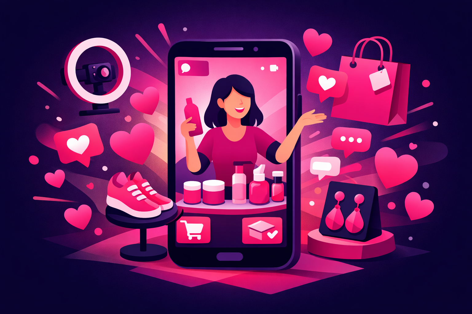 TikTok live shopping stream with products and engagement icons