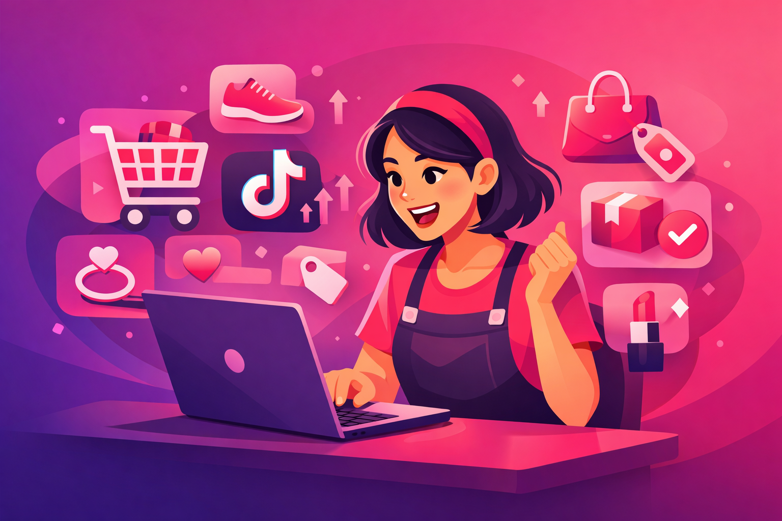 Small business owner setting up TikTok Shop with shopping and product icons