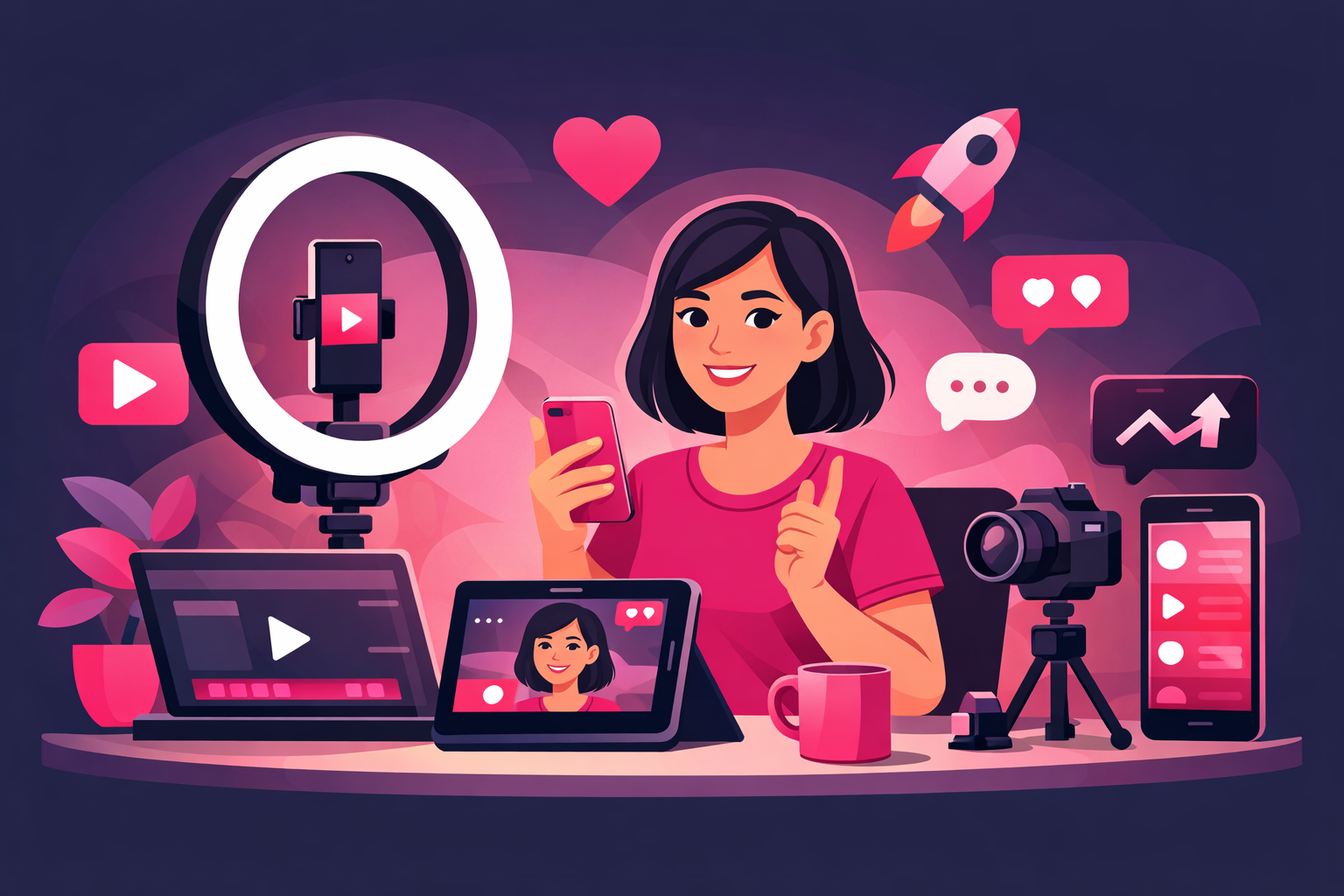Small business owner creating social media content with ring light and smartphone setup