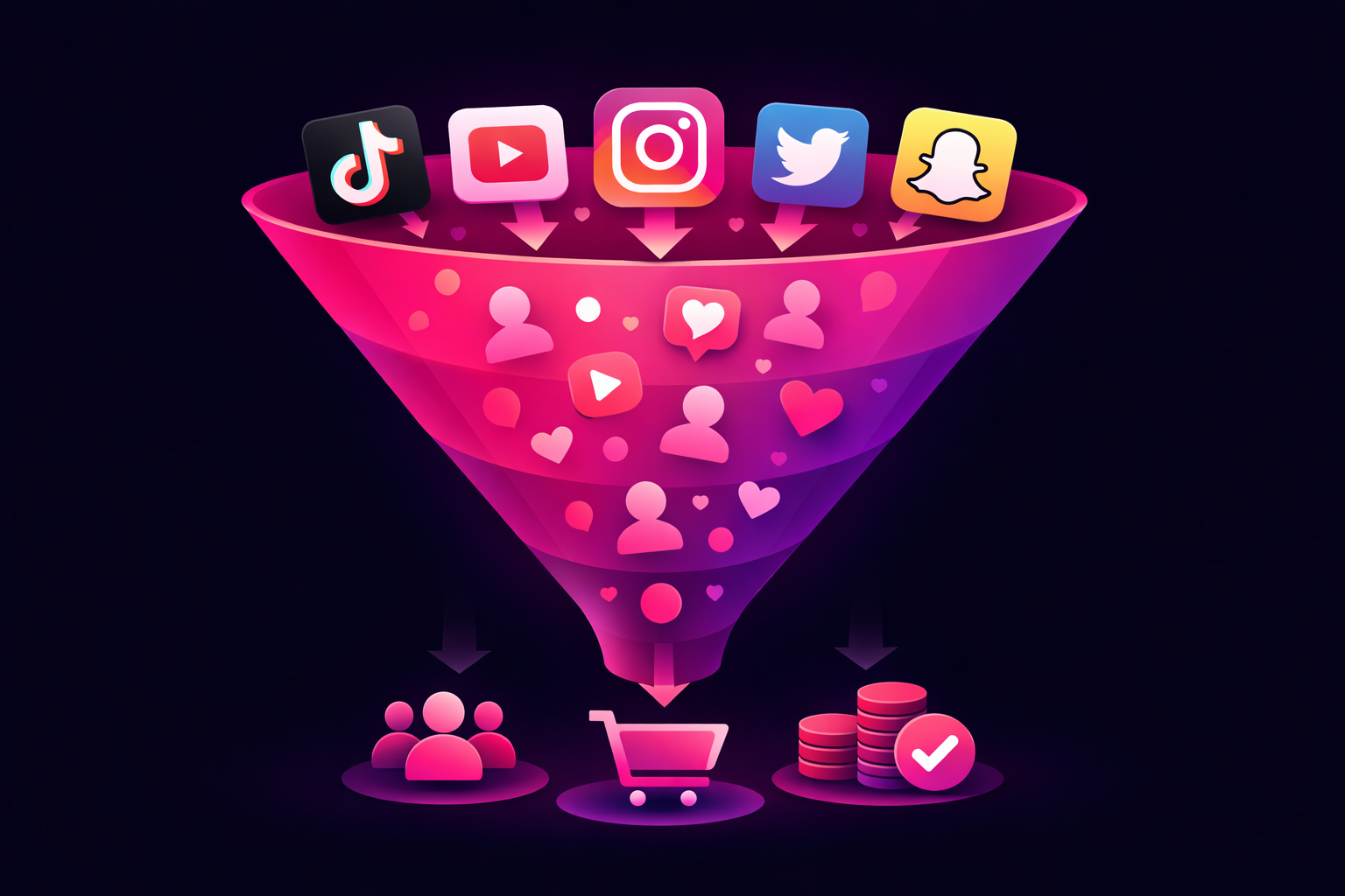 Customer journey funnel showing path from social discovery to purchase conversion