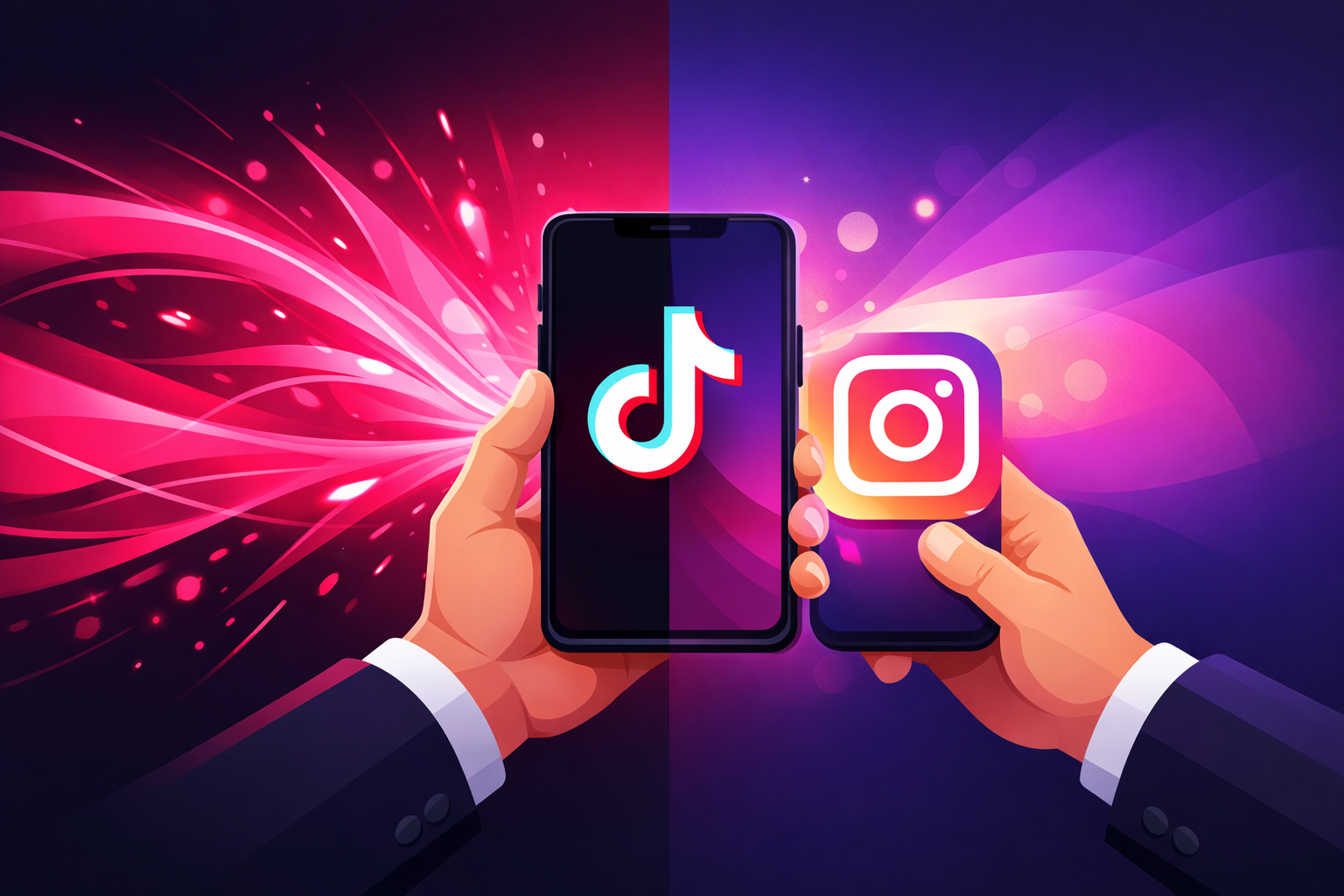 Split-screen comparison of TikTok and Instagram platforms for business marketing