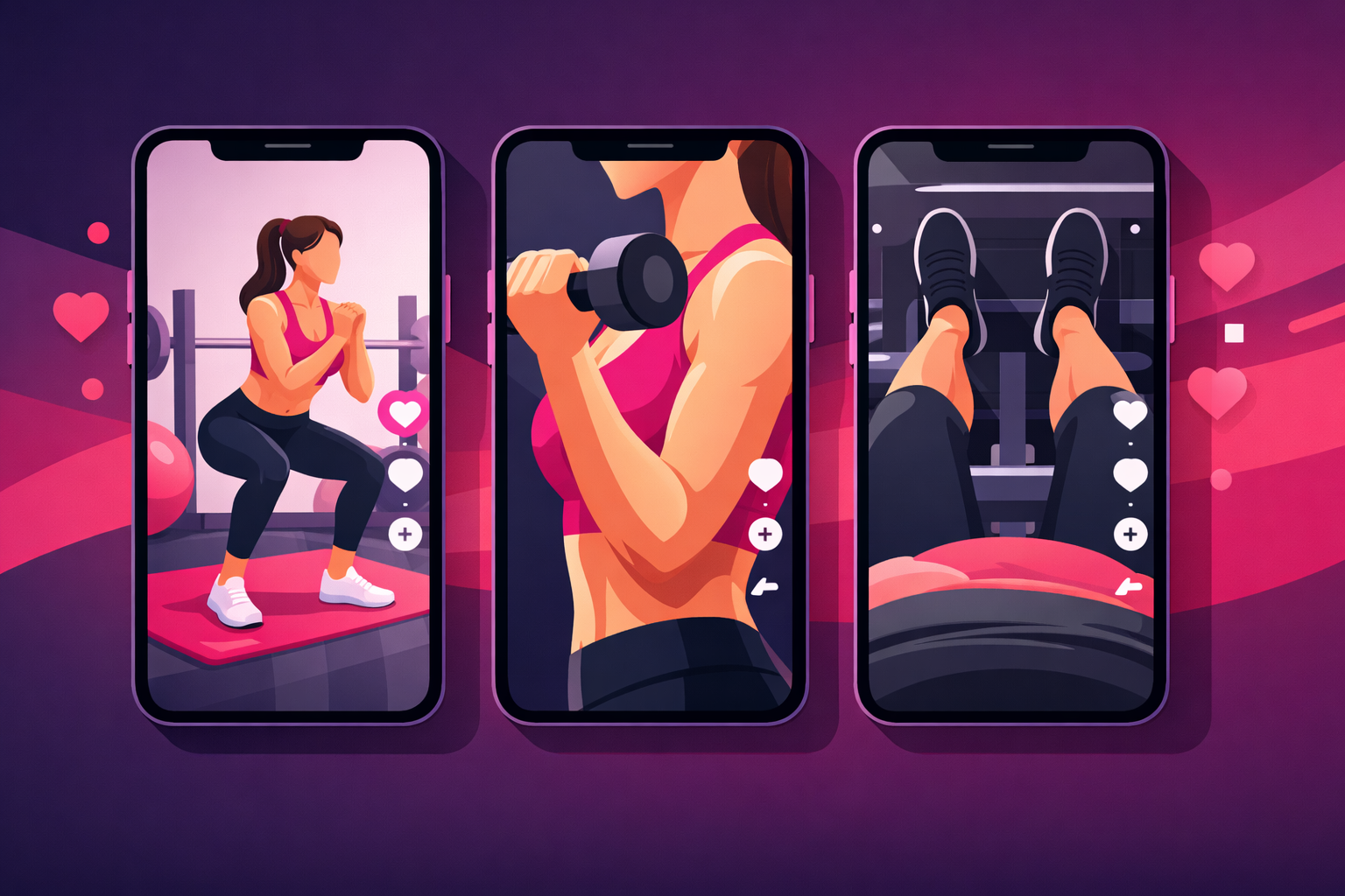 Three smartphone screens showing different workout video angles and formats