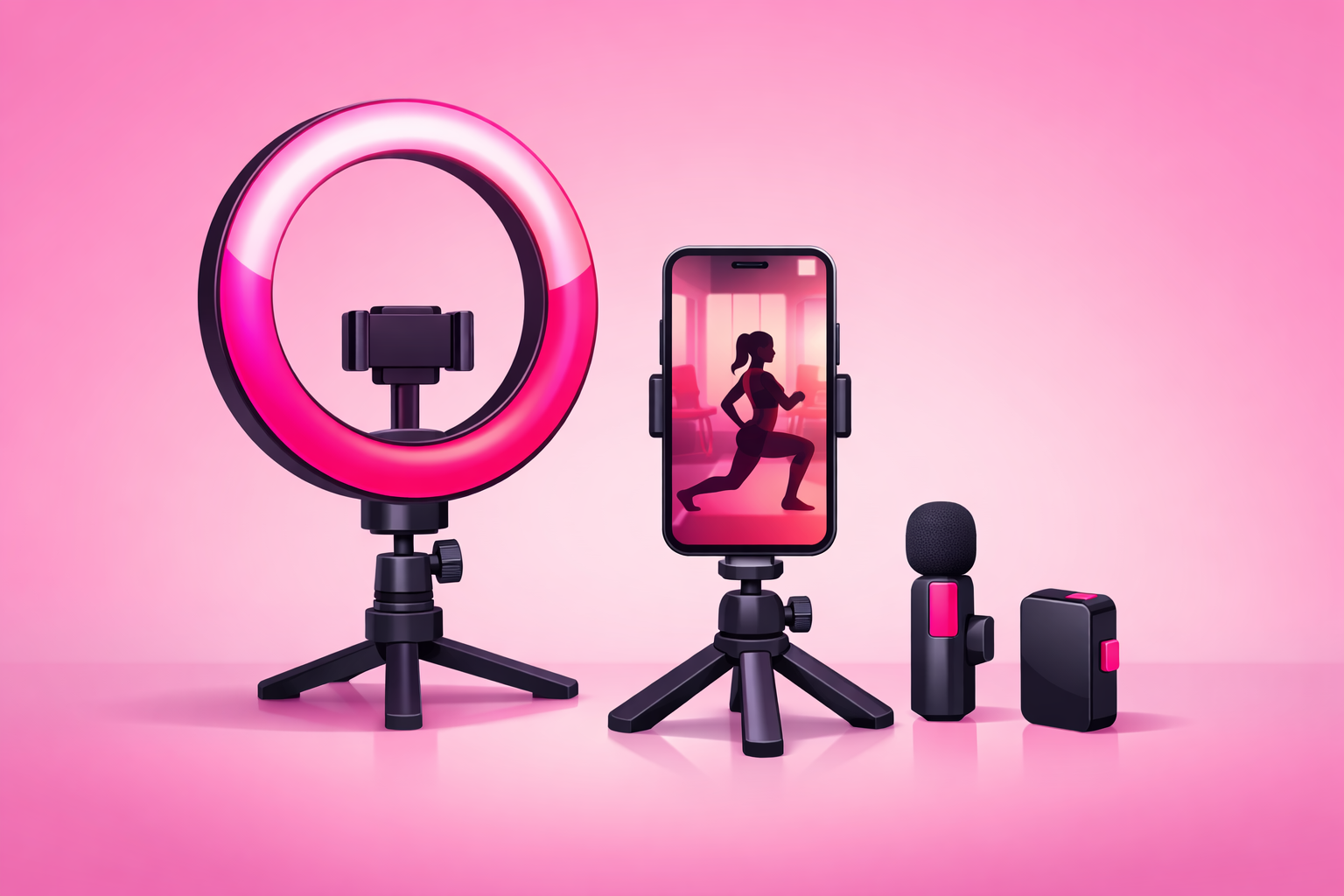 Essential filming equipment for fitness content including ring light tripod and microphone