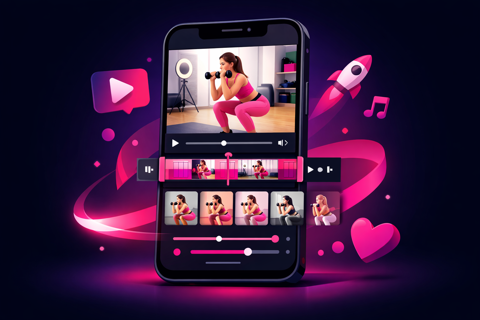 Smartphone showing video editing app with workout footage and editing timeline