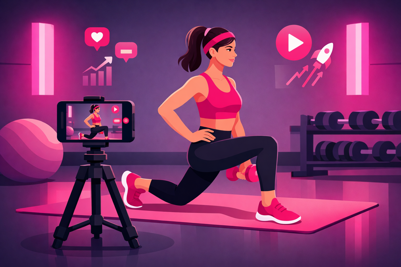 Fitness creator filming workout content with smartphone on tripod in modern gym