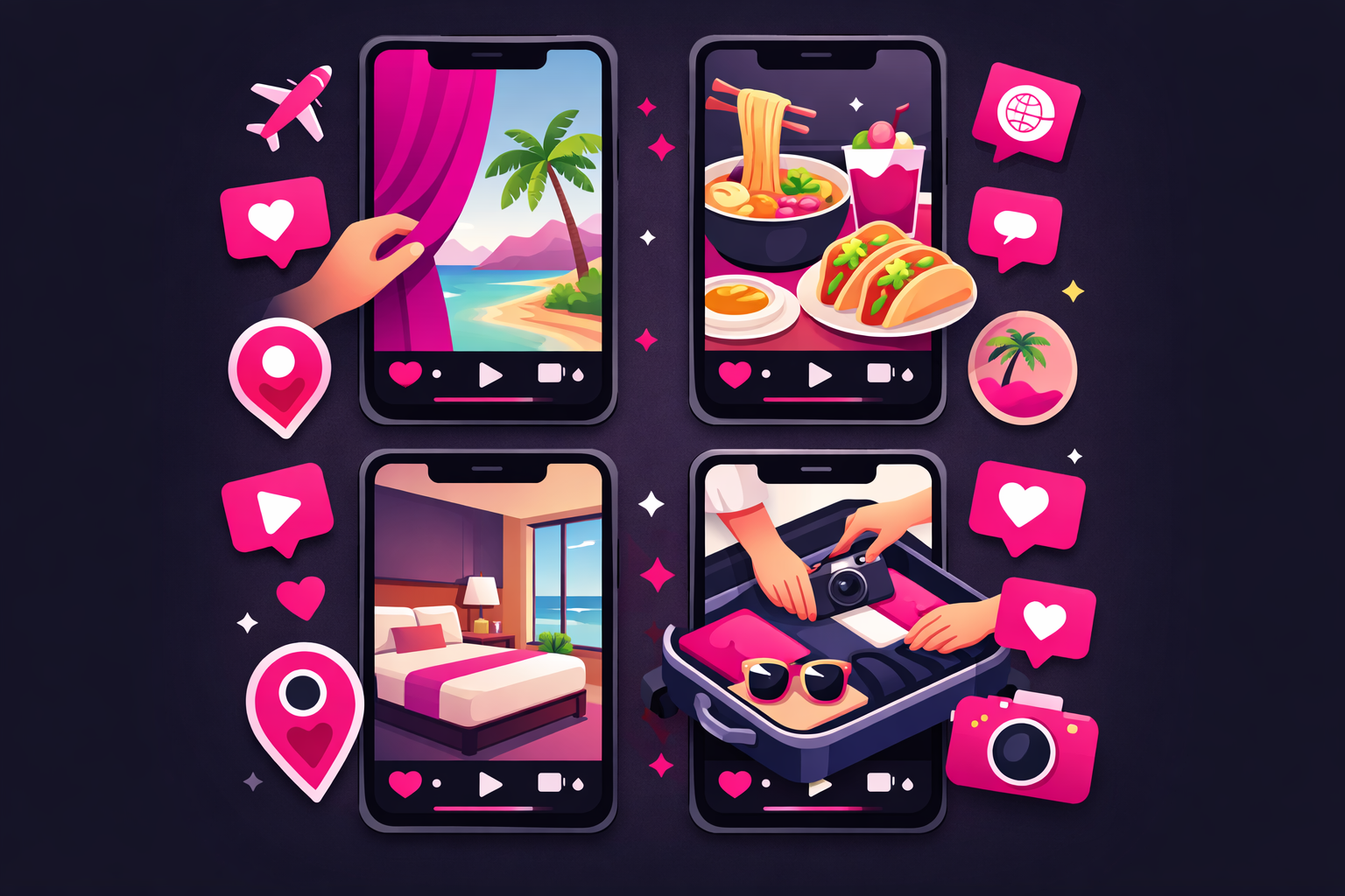 Four phone screens showing different types of travel TikTok videos including destination reveal, food tour, hotel room tour, and packing video
